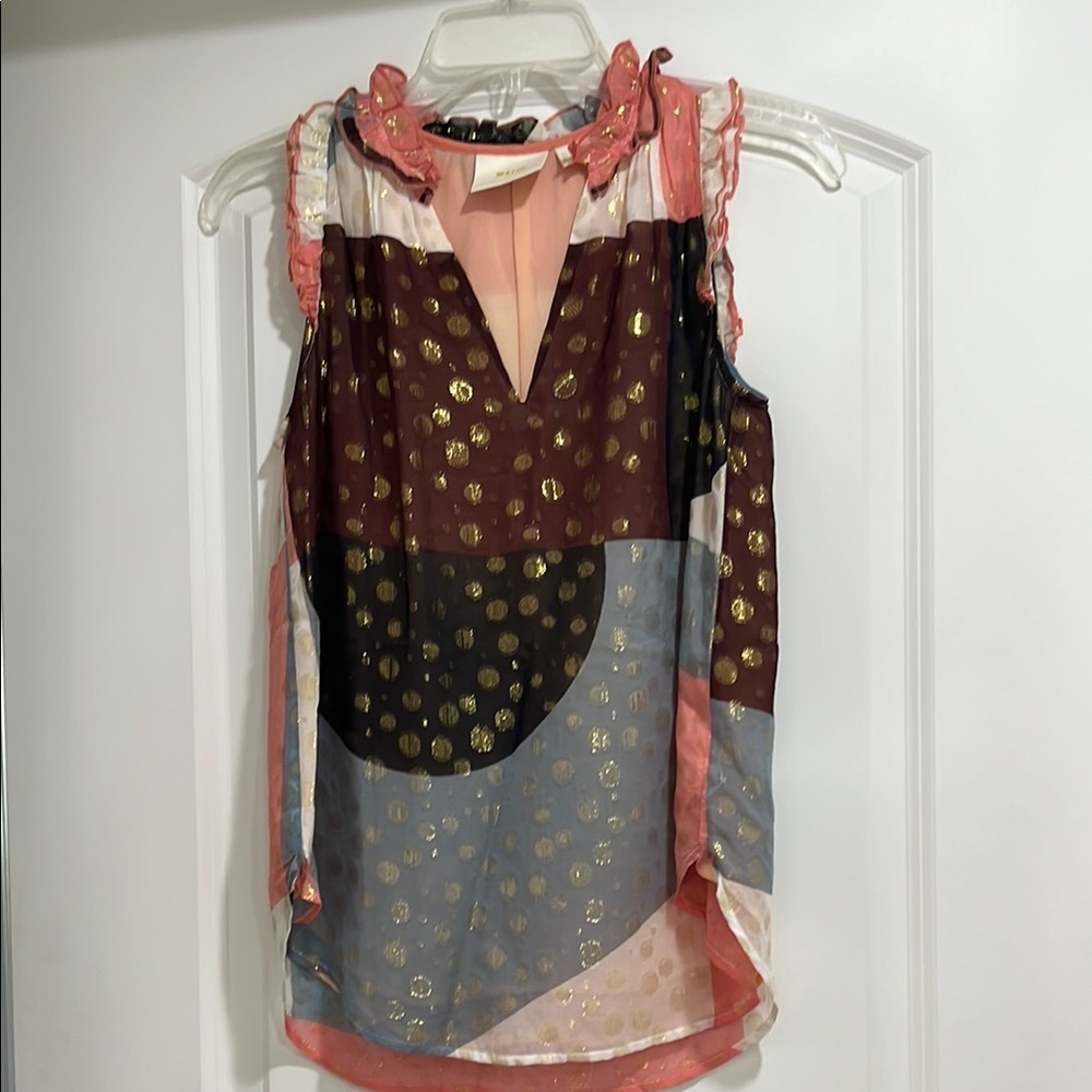 Anthropologie Geometric Gold accented Ruffled Blouse